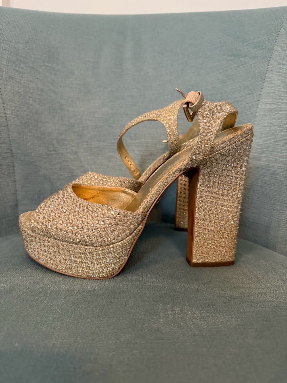 MICHAEL Michael Kors Glitter Platform Peep-Toe Sandals in Champagne Gold